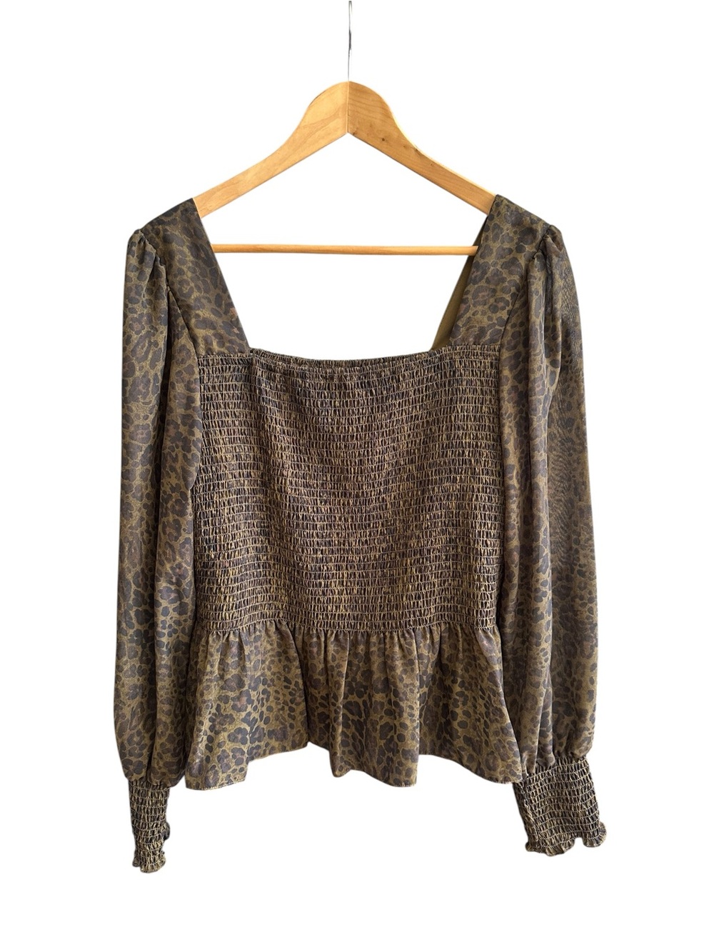 Nine West XL Leopard Print Smocked Peplum Top Square Neck Puff Sleeve Lined
